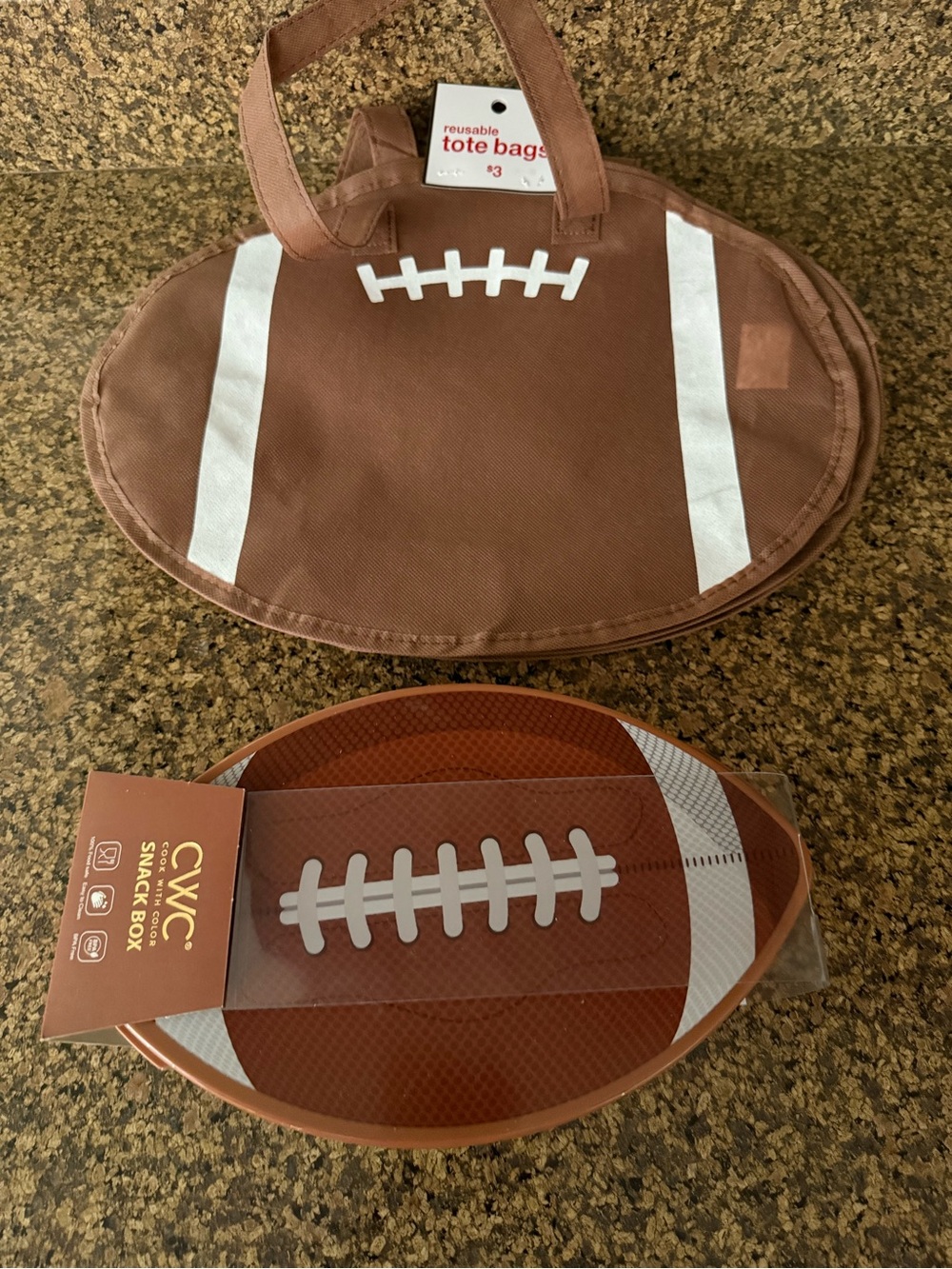 Football-Shaped Reusable Tote Bags & Snack Box - Brown & White